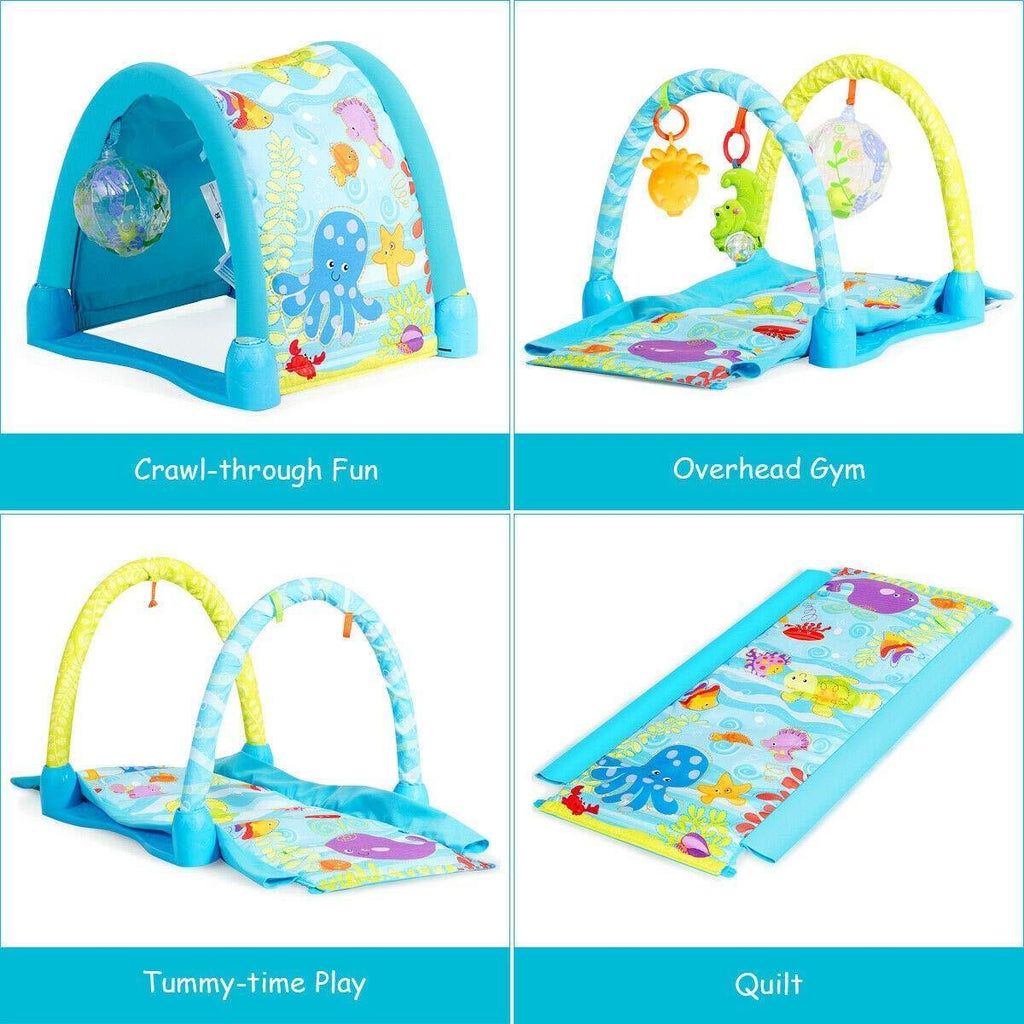 BABY JOY 4-in-1 Baby Play Gym Mat, Underwater World Baby Explore Crawling Tunnel with Steady Frame and 3 Hanging Toys - costzon