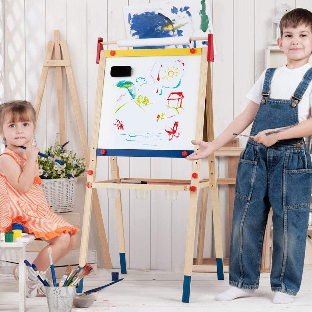 Costzon 3 in 1 Kids Art Easel with Paper Roll, Double Sided Adjustable Chalkboard & White Dry Erase with 4 Drawing Board Clips - costzon