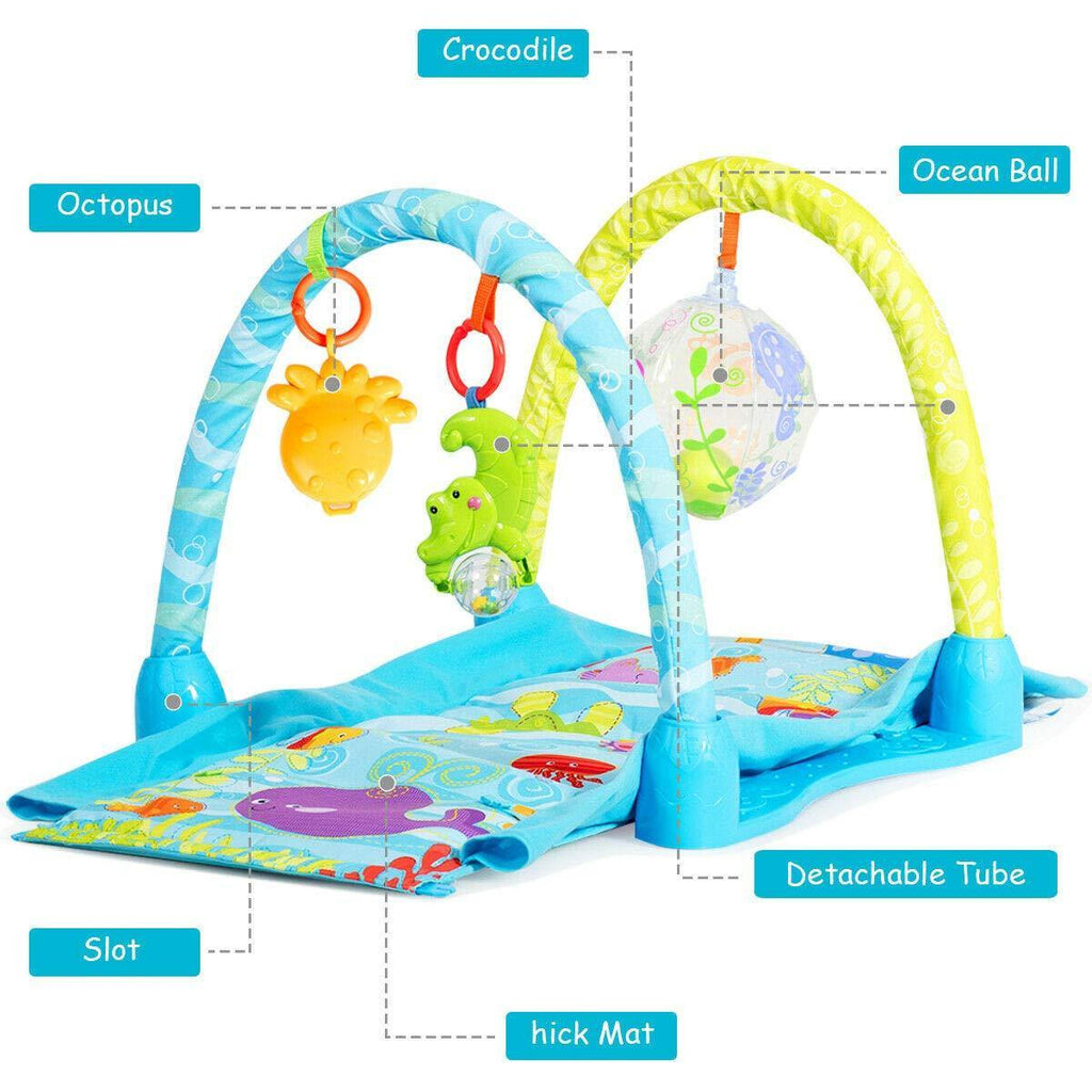 BABY JOY 4-in-1 Baby Play Gym Mat, Underwater World Baby Explore Crawling Tunnel with Steady Frame and 3 Hanging Toys - costzon