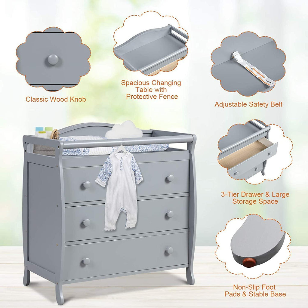 Costzon 3 Drawer Baby Changing Table, Infant Diaper Changing Station with Safety Belt & Enclosed Guardrails (Gray) - costzon