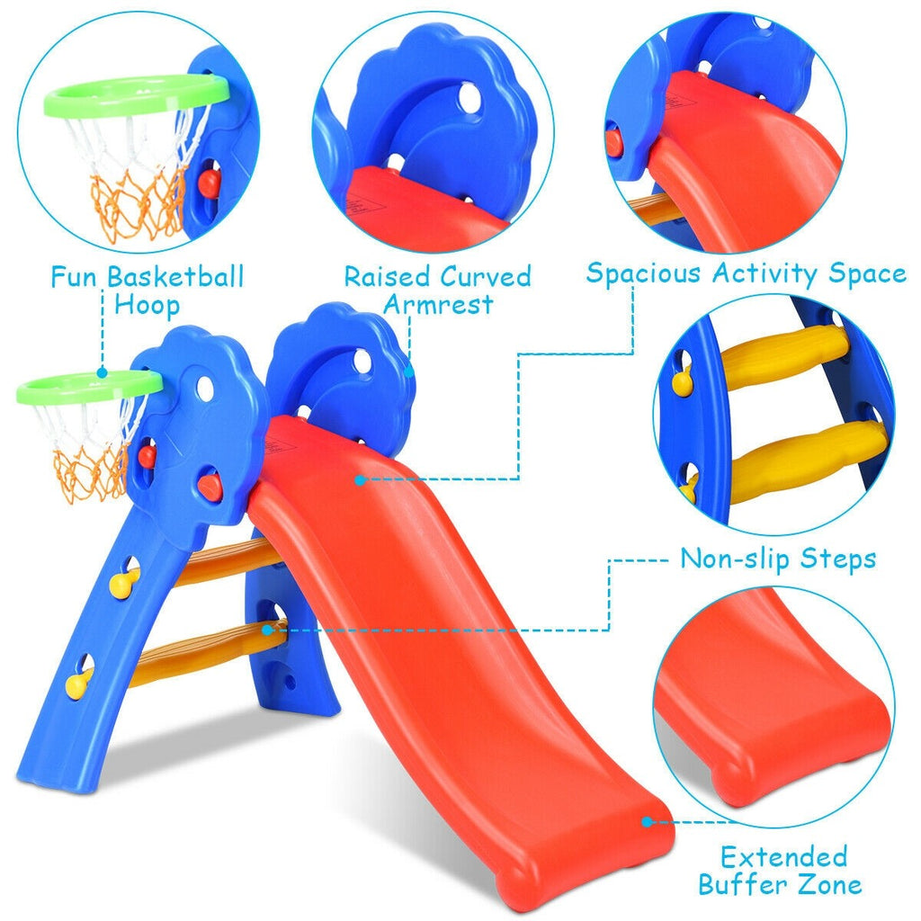 Baby Joy Folding Slide, Plastic Play Slide Climber Kids (Floral Rail +Basketball Hoop) - costzon