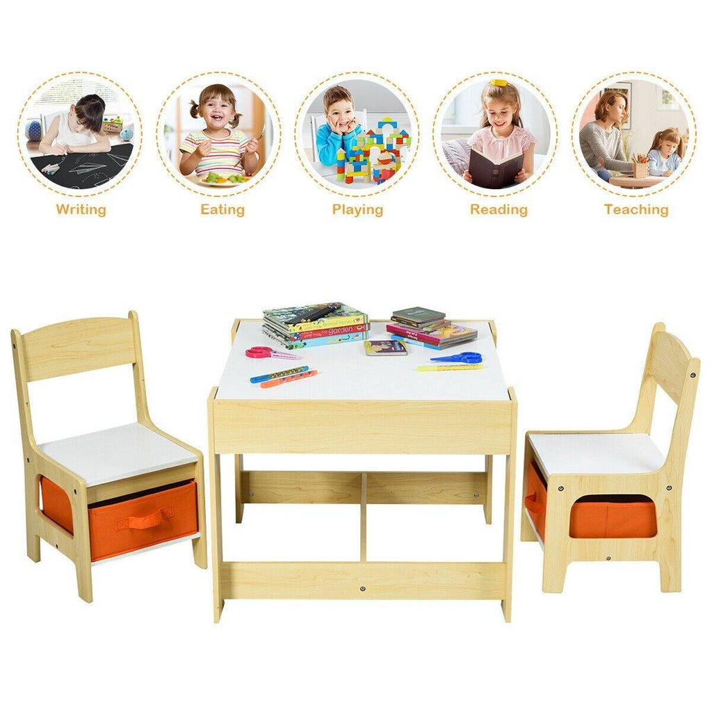 3 in 1 Kids Wood Table & 2 Chair Set, Children Activity Table Desk Sets - costzon