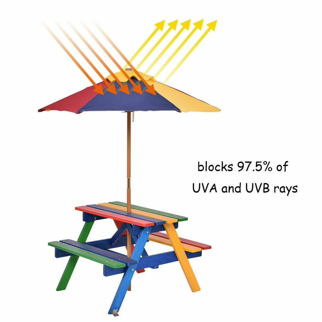 Kids Picnic Table Set, Wood Table and Bench Set with Removable & Foldable Umbrella - costzon