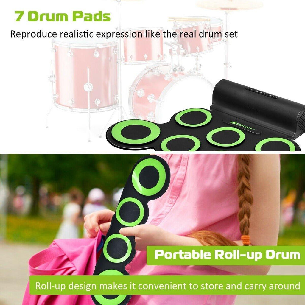 Costzon 7 Pads Electronic Drum Set, Portable Roll up MIDI Drum Practice Pad w/ Headphone (Green + Black) - costzon