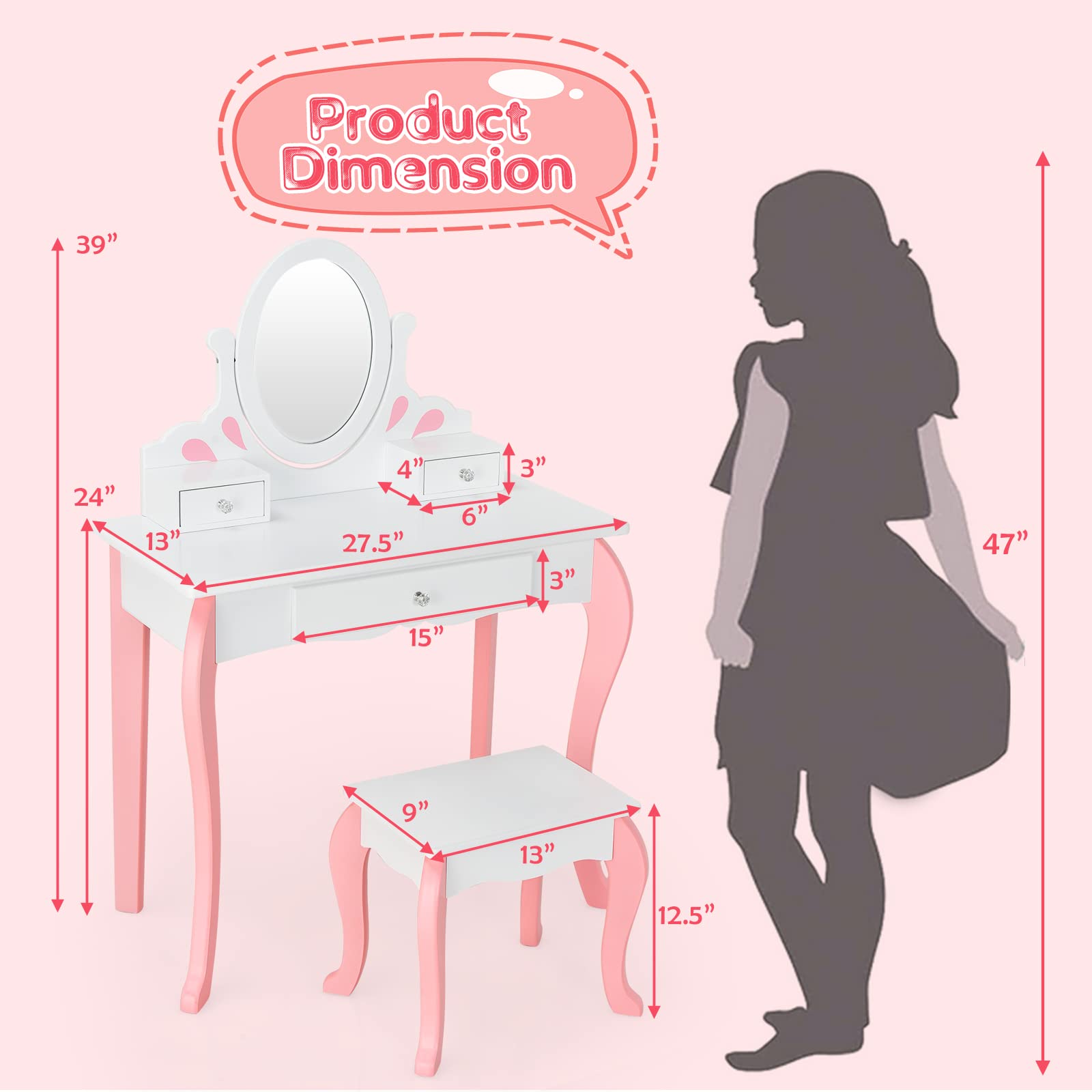 Amelia vanity set top with stool & mirror