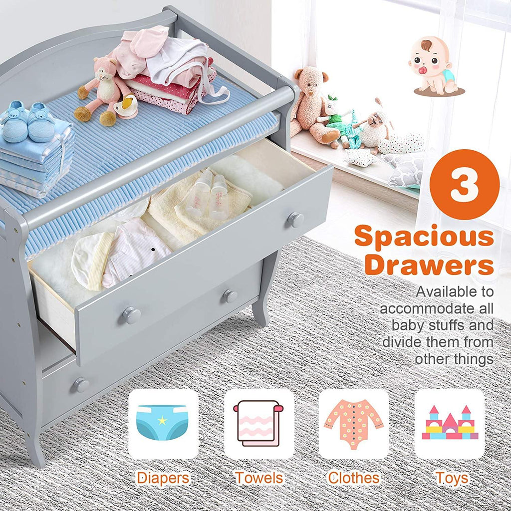 Costzon 3 Drawer Baby Changing Table, Infant Diaper Changing Station with Safety Belt & Enclosed Guardrails (Gray) - costzon