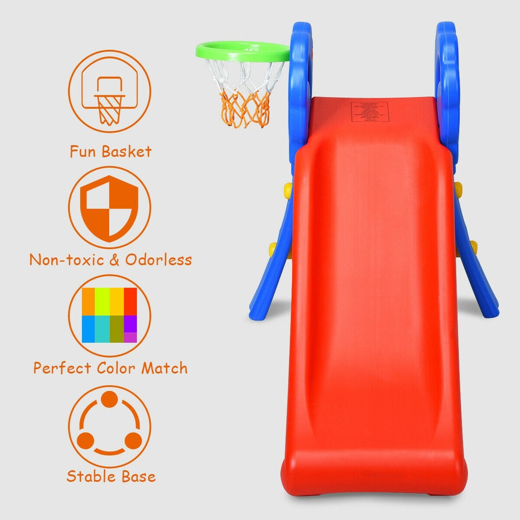 Baby Joy Folding Slide, Plastic Play Slide Climber Kids (Floral Rail +Basketball Hoop) - costzon