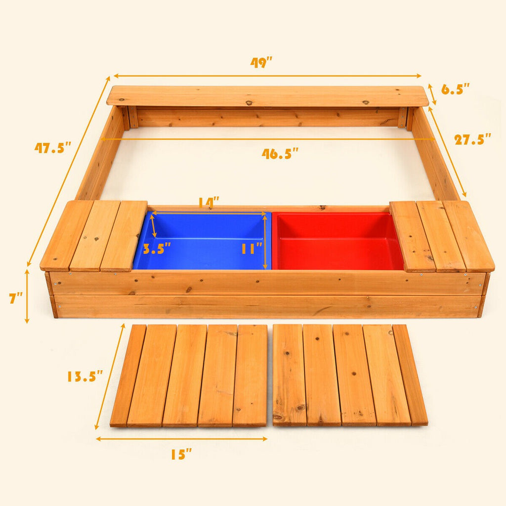 Kids Wooden Sandbox with Bench Seats & Storage Boxes - costzon