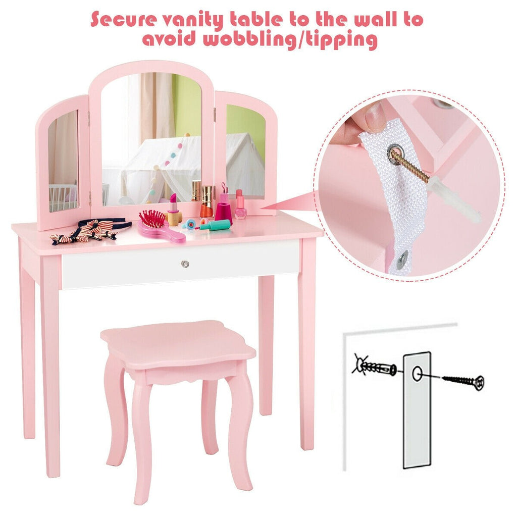 Costzon Kids Vanity Table, 2-in-1 Vanity Set with Detachable Top, Pretend Beauty Play Vanity Set for Girls - costzon