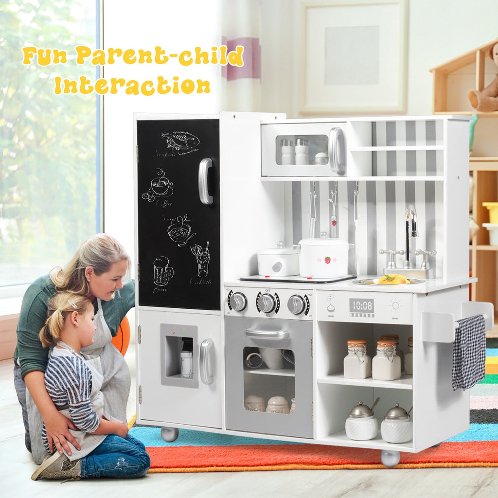 Kids Kitchen Playset, Wooden Pretend Cooking Food Set with Simulated Sound - costzon