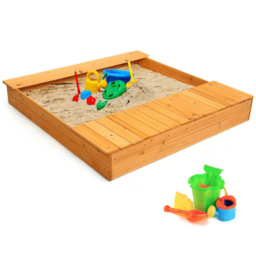 Kids Wooden Sandbox with Bench Seats & Storage Boxes - costzon