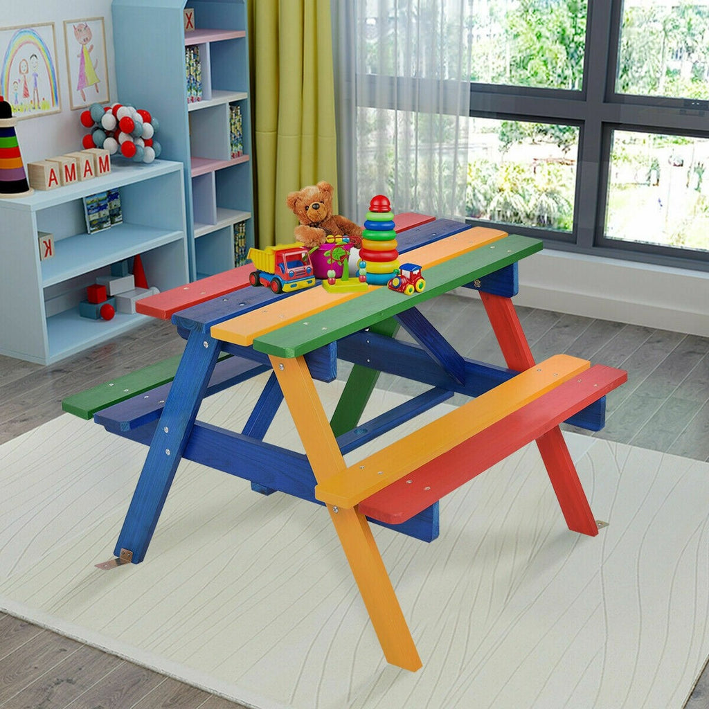 Kids Picnic Table Set, Wood Table and Bench Set with Removable & Foldable Umbrella - costzon