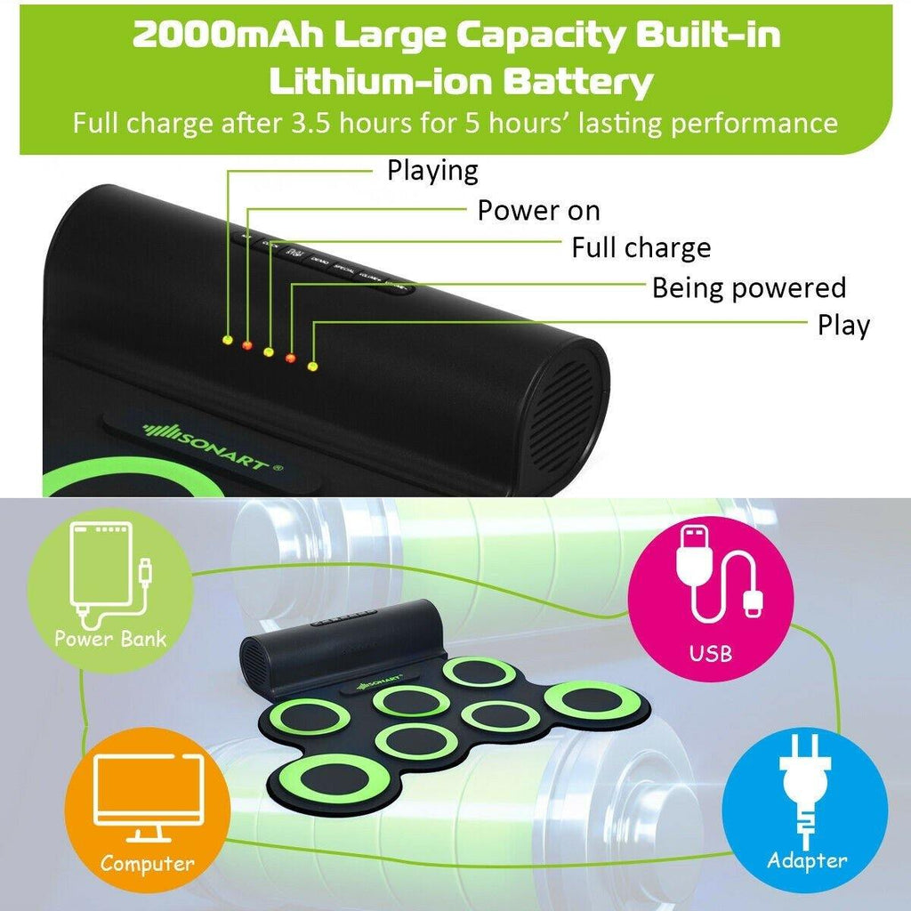 Costzon 7 Pads Electronic Drum Set, Portable Roll up MIDI Drum Practice Pad w/ Headphone (Green + Black) - costzon