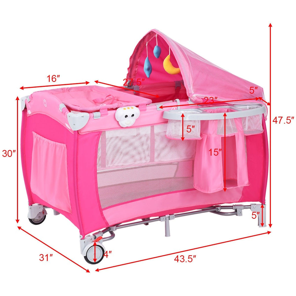 Costzon Nursery Center, 4 in 1 Pack and Play with Bassinet, Music, Detachable Mat, Awning, Mosquito Net - costzon