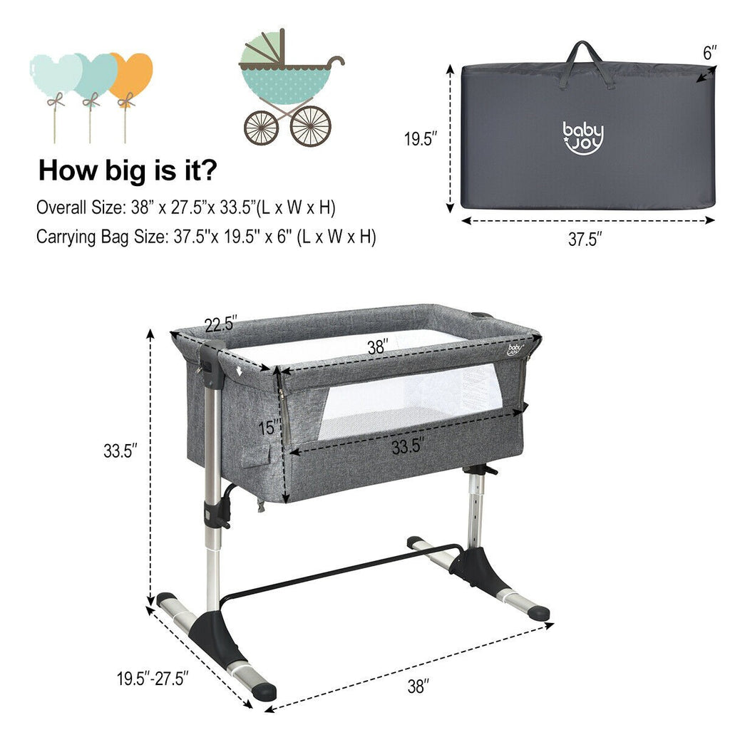 BABY JOY Baby Bedside Crib, Portable Travel Sleeper Bed Side Bassinet w/Carrying Bag (Grey) - costzon