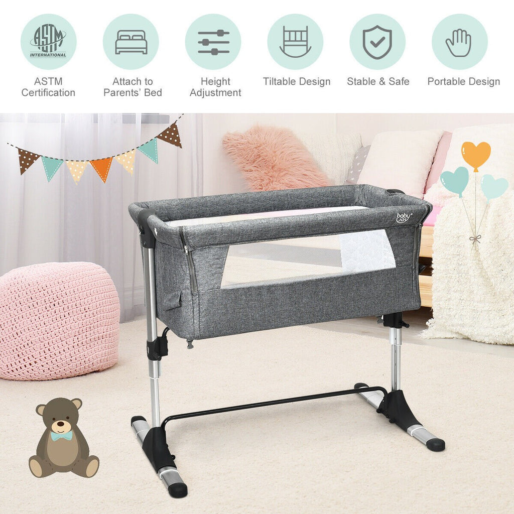 BABY JOY Baby Bedside Crib, Portable Travel Sleeper Bed Side Bassinet w/Carrying Bag (Grey) - costzon