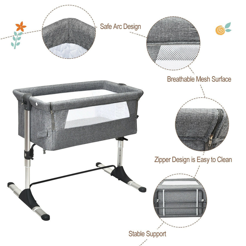 BABY JOY Baby Bedside Crib, Portable Travel Sleeper Bed Side Bassinet w/Carrying Bag (Grey) - costzon