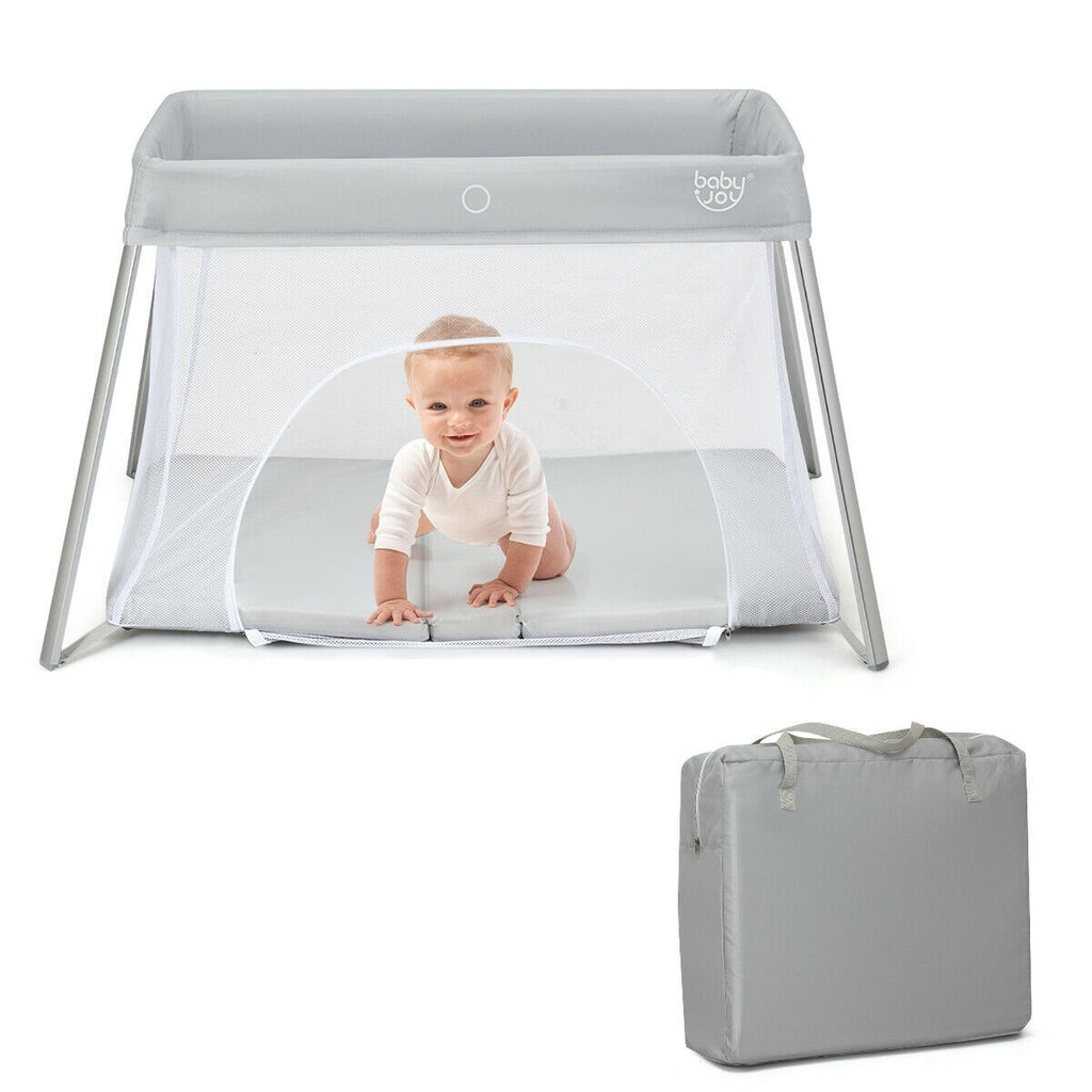BABY JOY Baby Foldable Travel Crib, 2 in 1 Portable Playpen with Soft Washable Mattress, Side Zipper Design - costzon