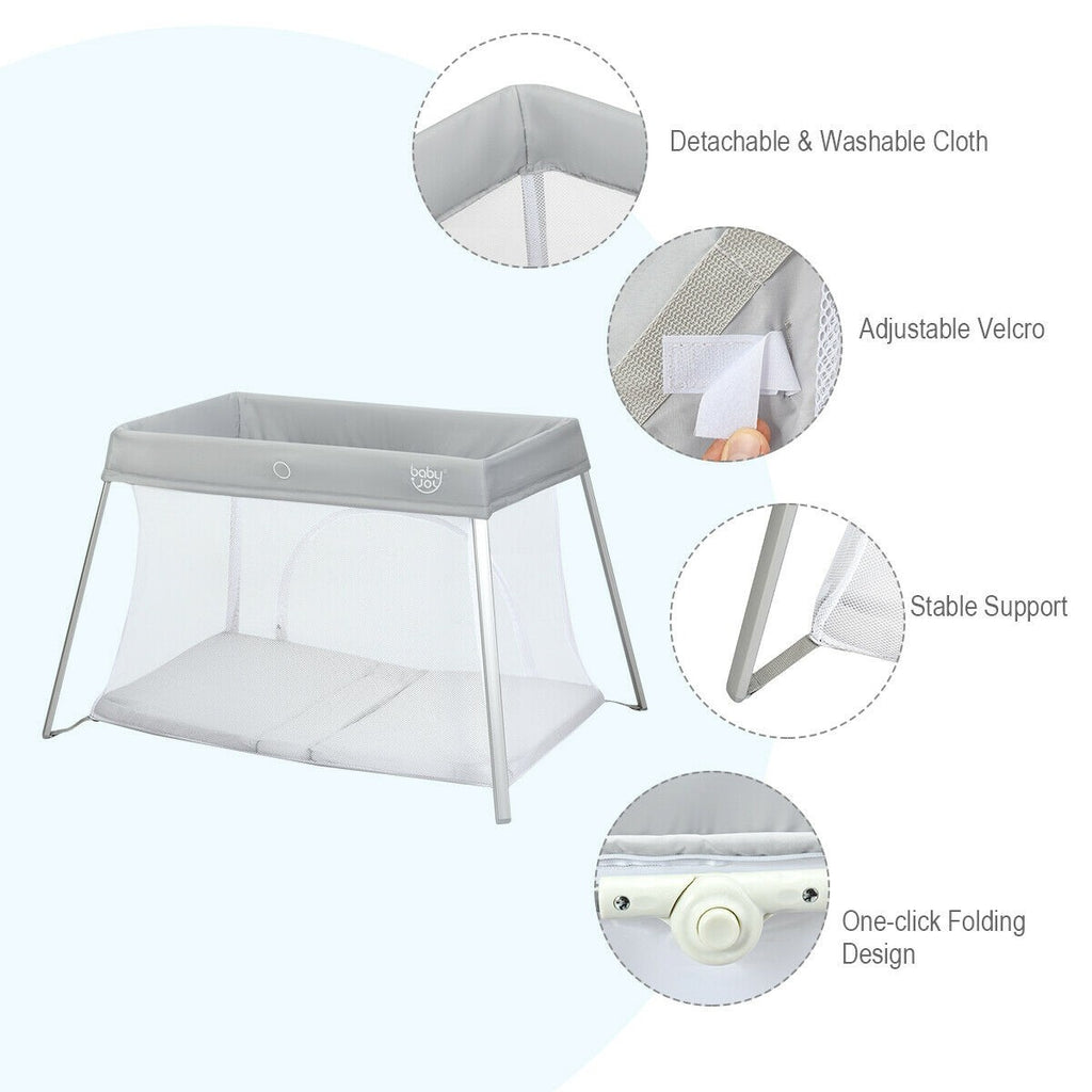 BABY JOY Baby Foldable Travel Crib, 2 in 1 Portable Playpen with Soft Washable Mattress, Side Zipper Design - costzon