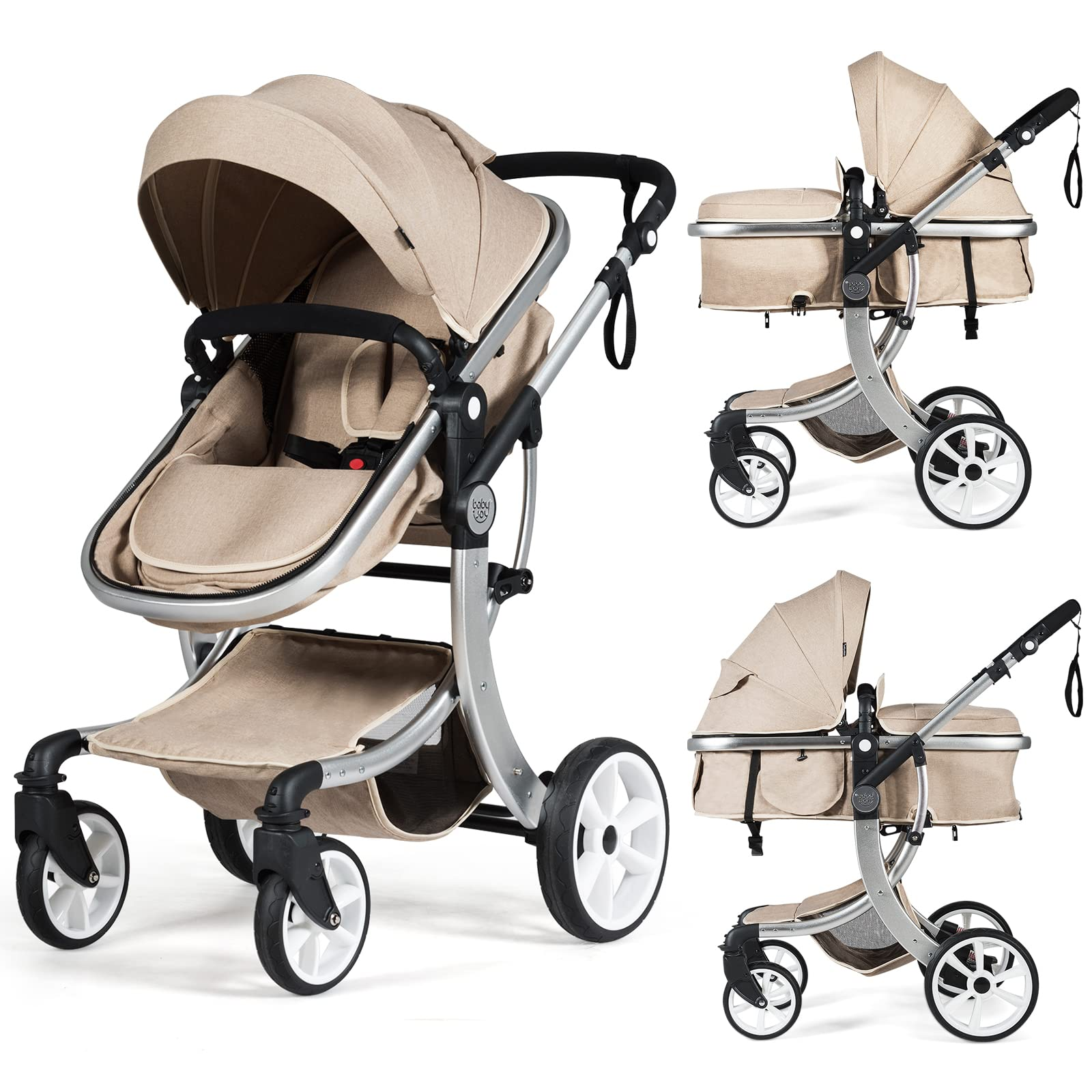 Baby Joy 2 in 1 High Landscape Baby Stroller Reversible Bassinet Reclining Stroller Beige