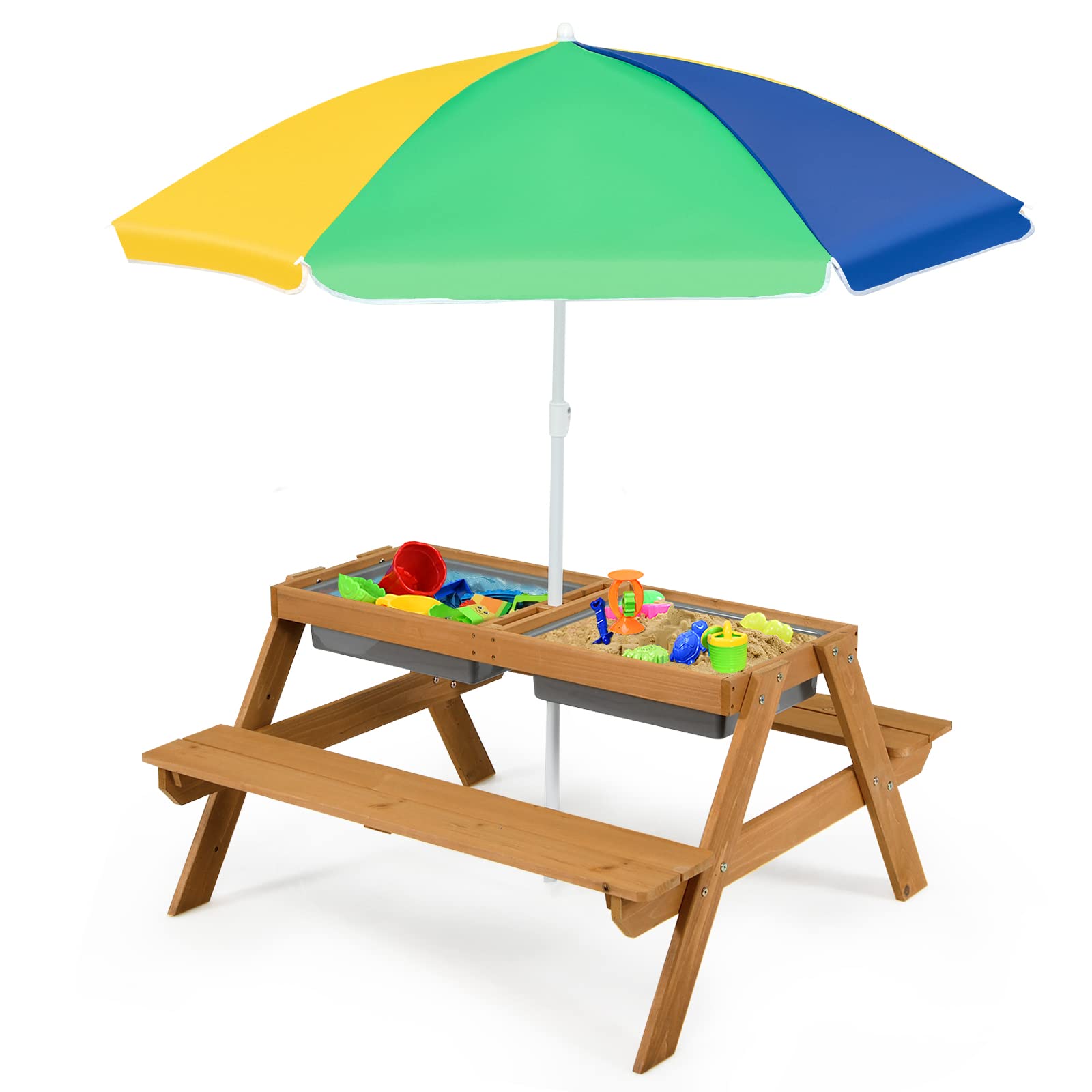 kids patio table with umbrella Costzon Picnic Table, Kids Outdoor 2 Folding Chairs, Height Adjustable Umbrella, Portable Children Outdoor Furniture for Patio, Garden, Backyard (Blue Ocean) : Patio, Lawn & Garden When playtime fun is done the picnic table is easy to disassemble without tools and folds flat for storage in small spaces 3-in-1 Kids Outdoor Picnic Water