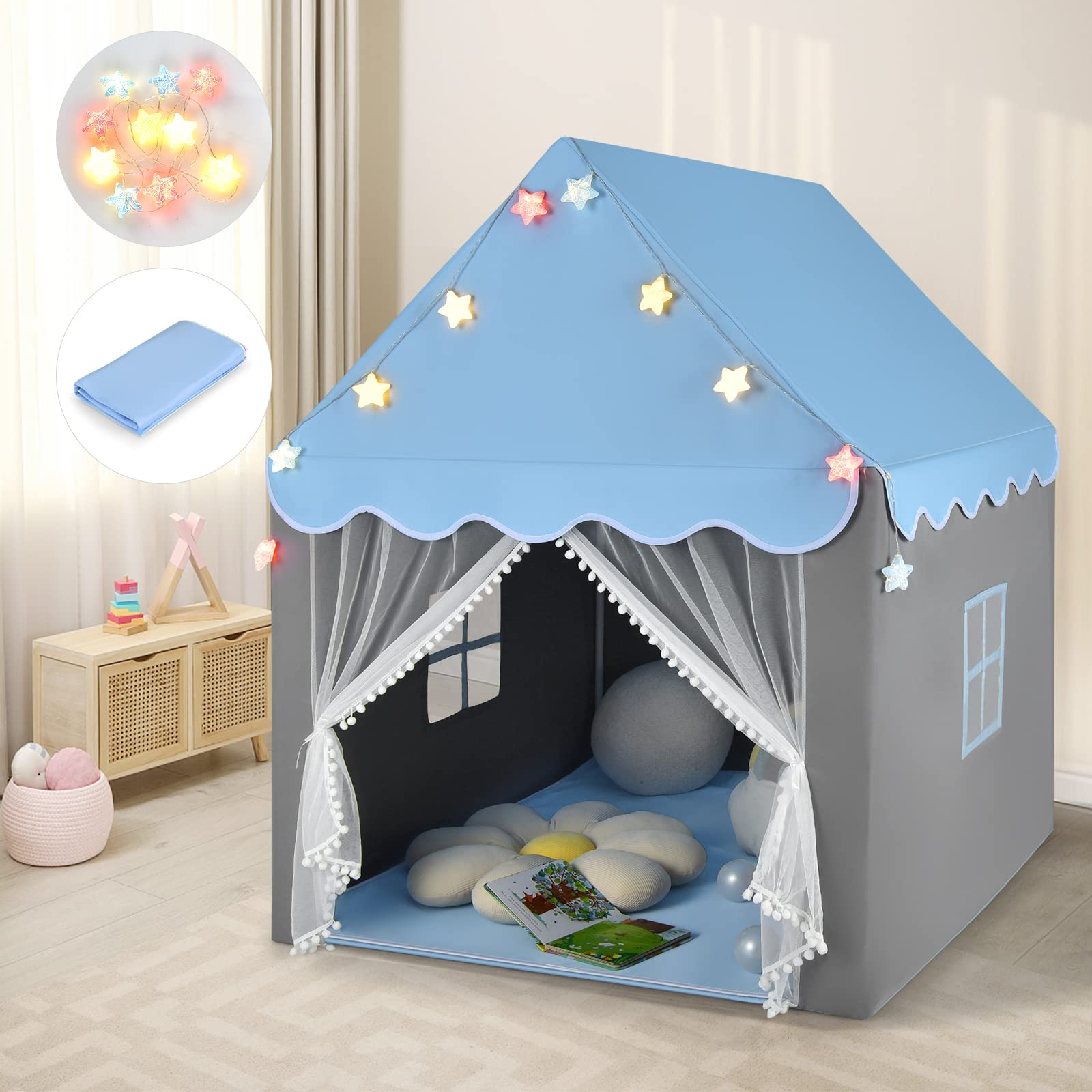 playhouse tent Costzon Kids Play Tent, Playhouse Tent w/ Washable Cotton Mat, Star String Lights, Blue