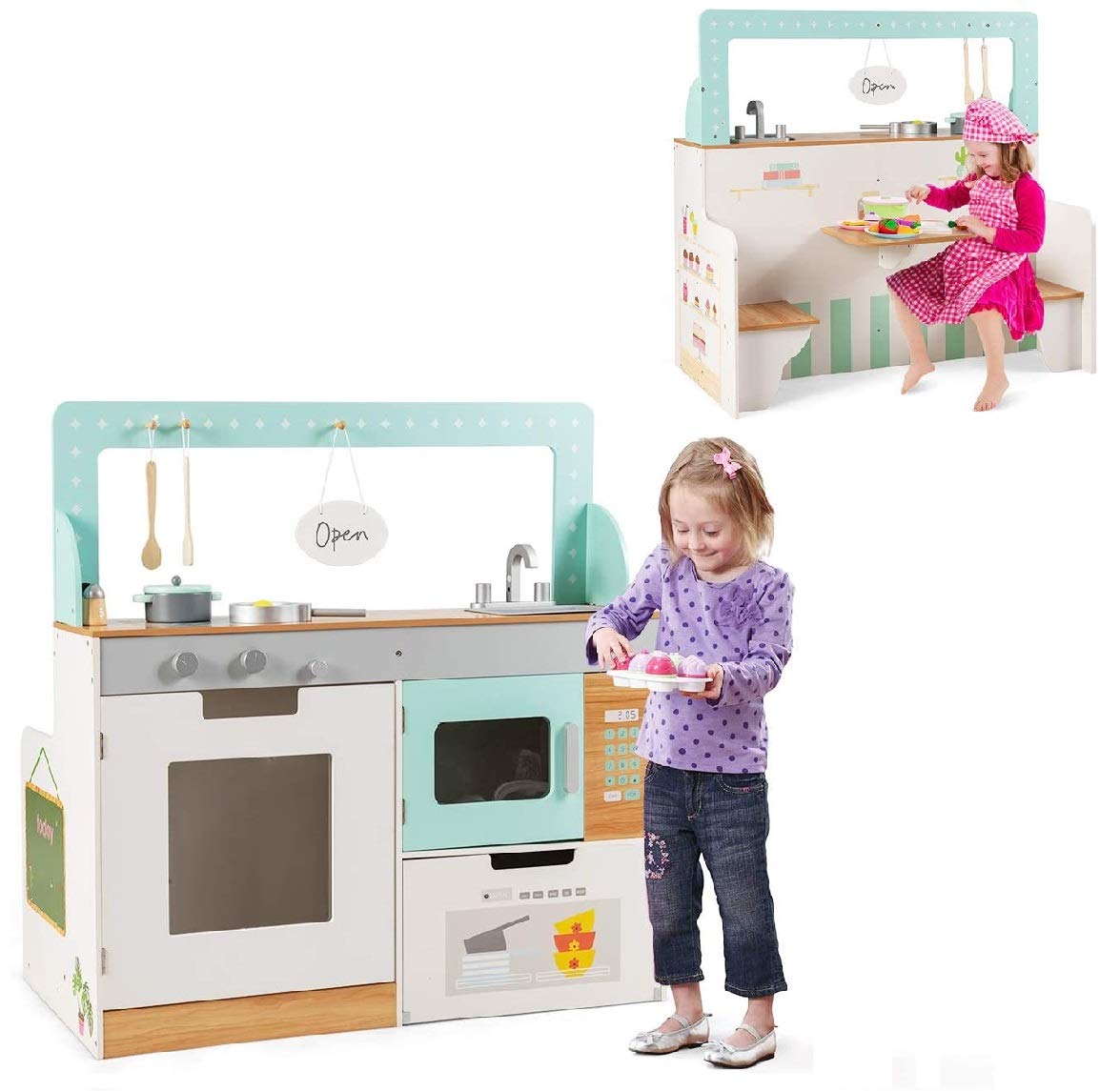 2 1 Play Kitchen Restaurant Double Sided Wooden Pretend Cooking Playset Sink