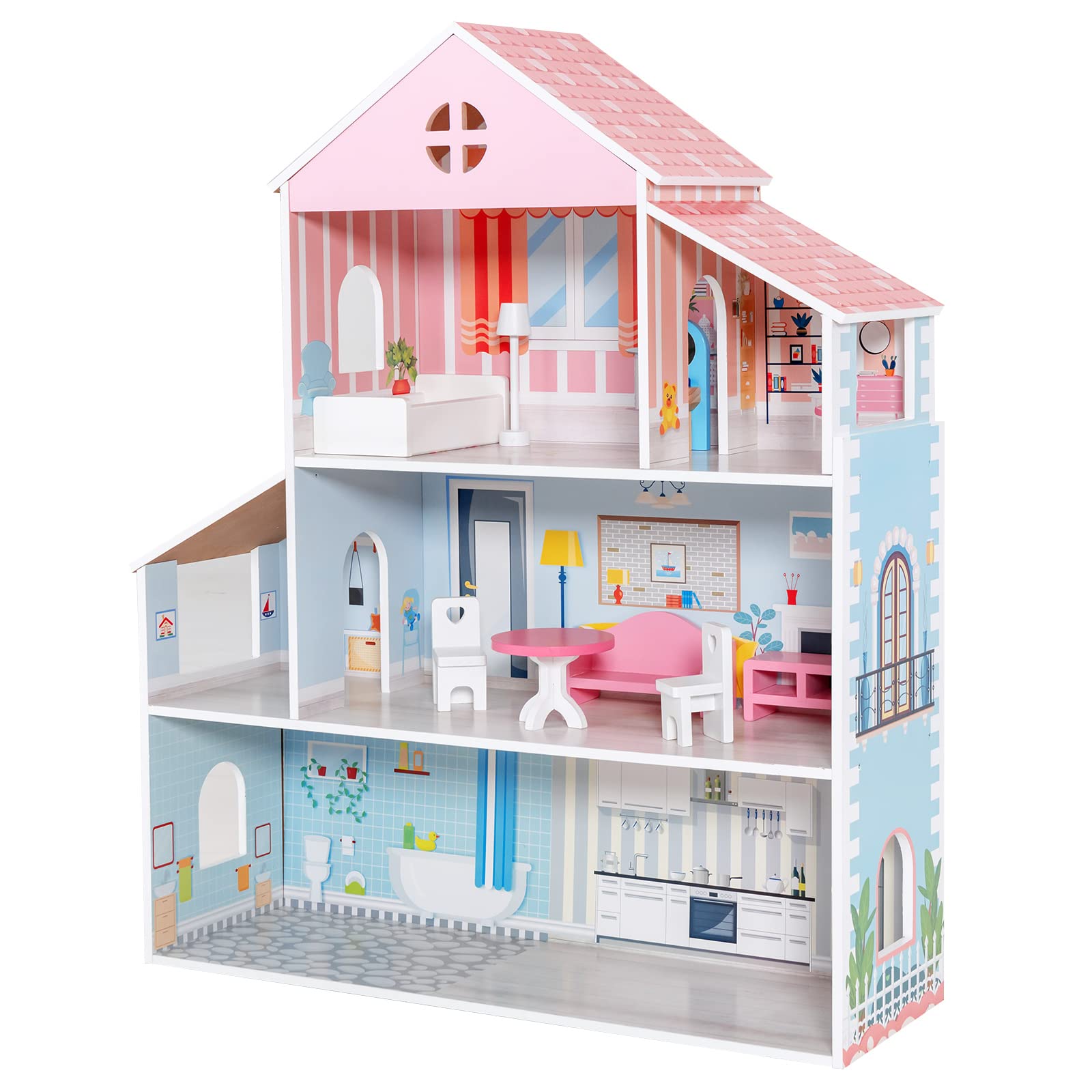 Costzon Wooden Dollhouse, 3-Story Pretend Play Doll House with Living Room  Bedroom