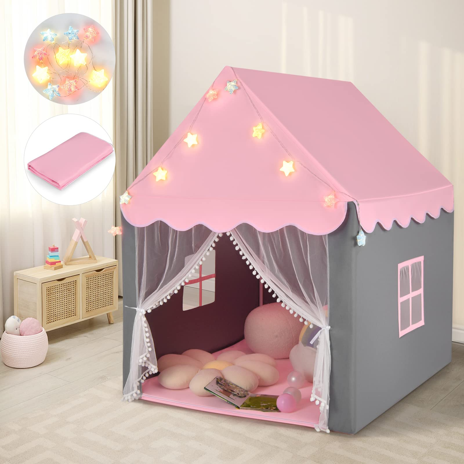 pink play tent Costzon Kids Play Tent, Playhouse Tent w/ Washable Cotton Mat, Star String Lights, Pink