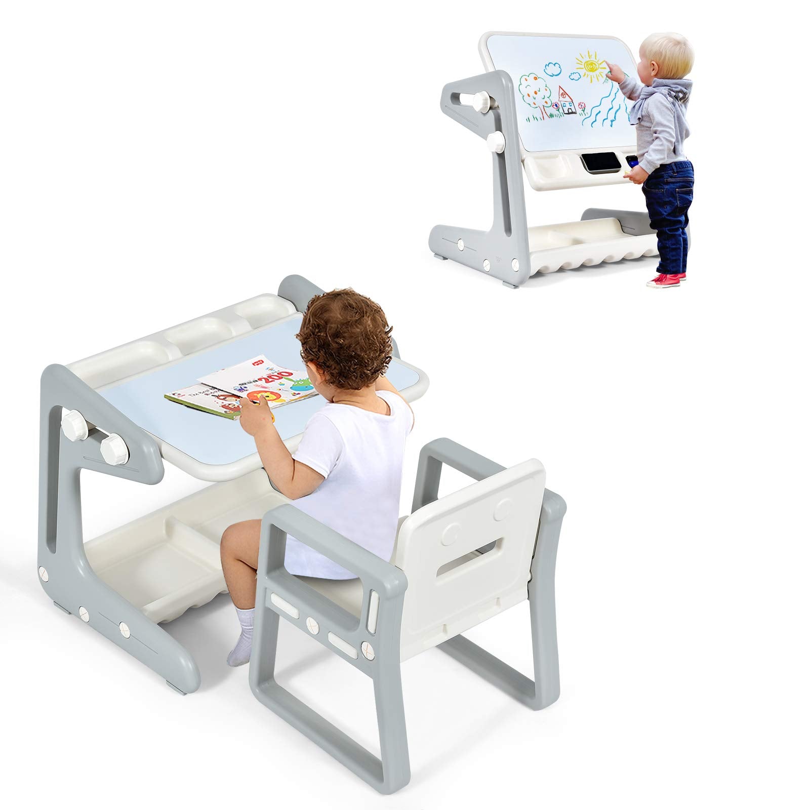 Costzon Kids Art Easel, 3 in 1 Double-Sided Storage Easel, Grey