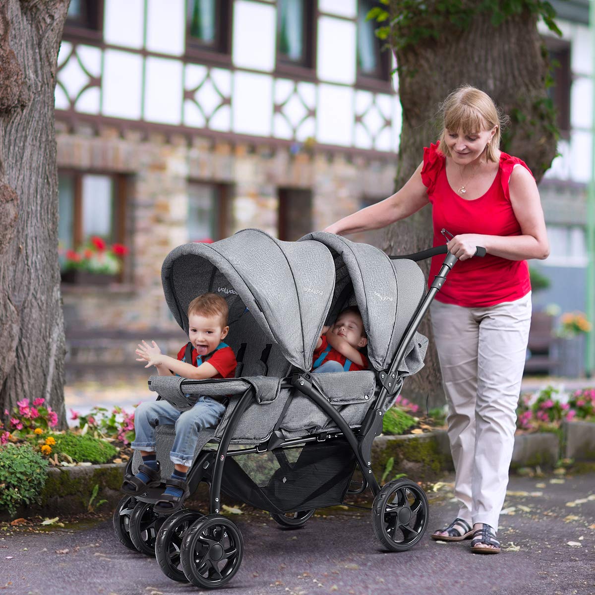 BABY JOY Double Stroller, Foldable Lightweight Twin Stroller with Tandem Seating, Double Stroller Newborn and Toddler