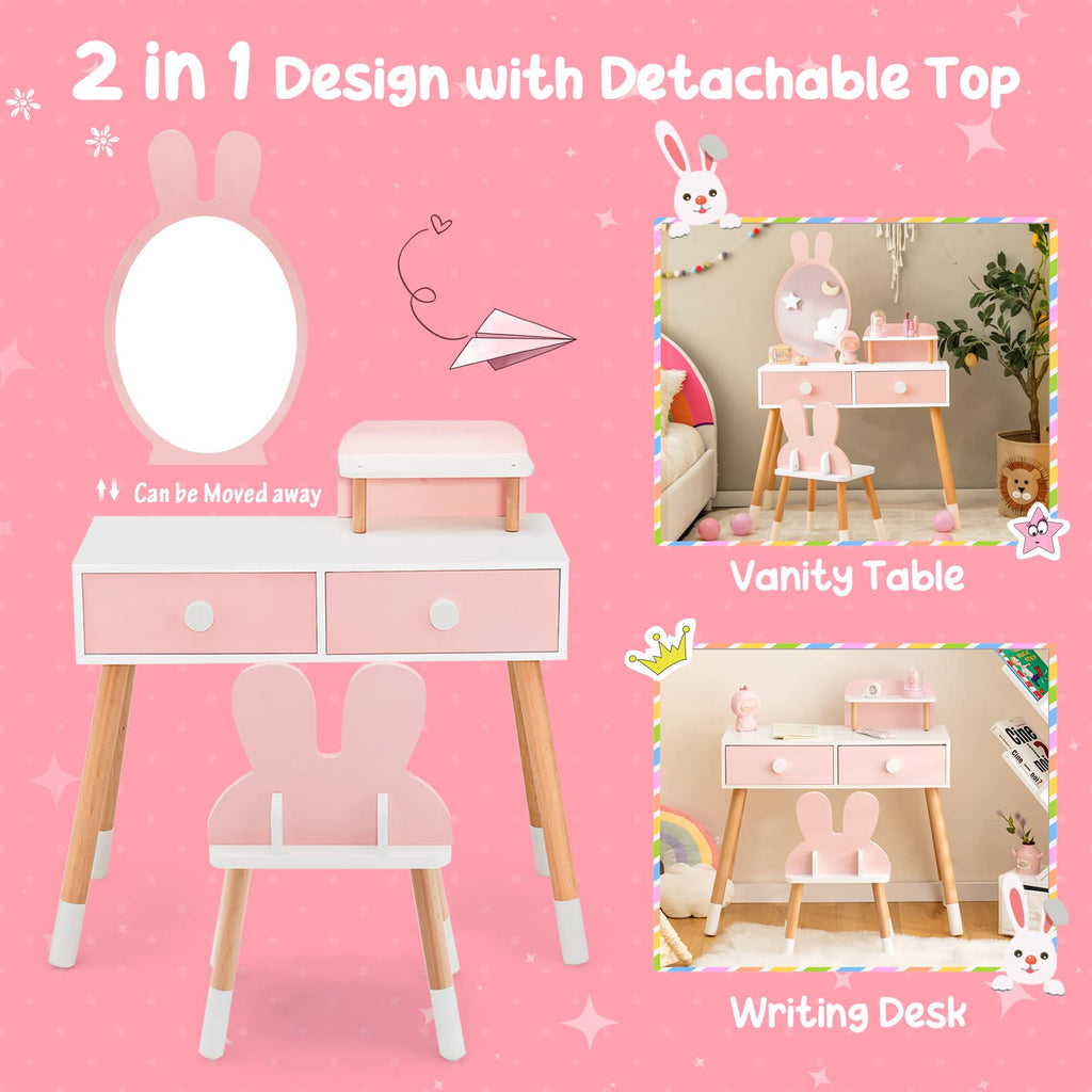 Kids Vanity Set, Girls Vanity Set with Mirror and Stool - Costzon