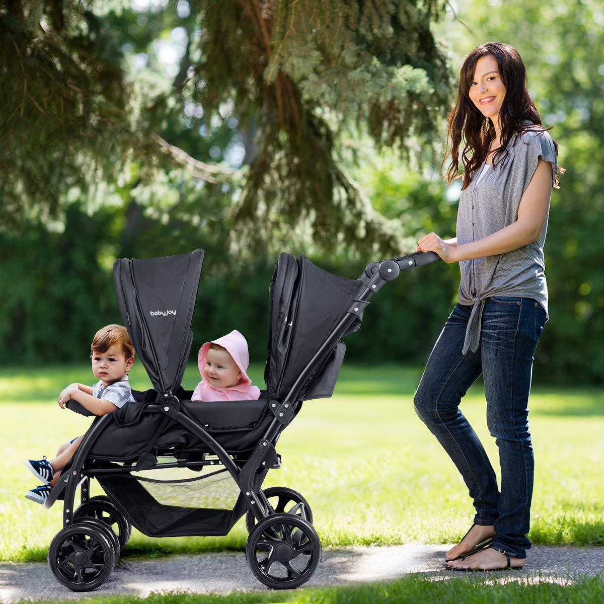BABY JOY Double Stroller Foldable Lightweight Twin Stroller with Tandem Seating