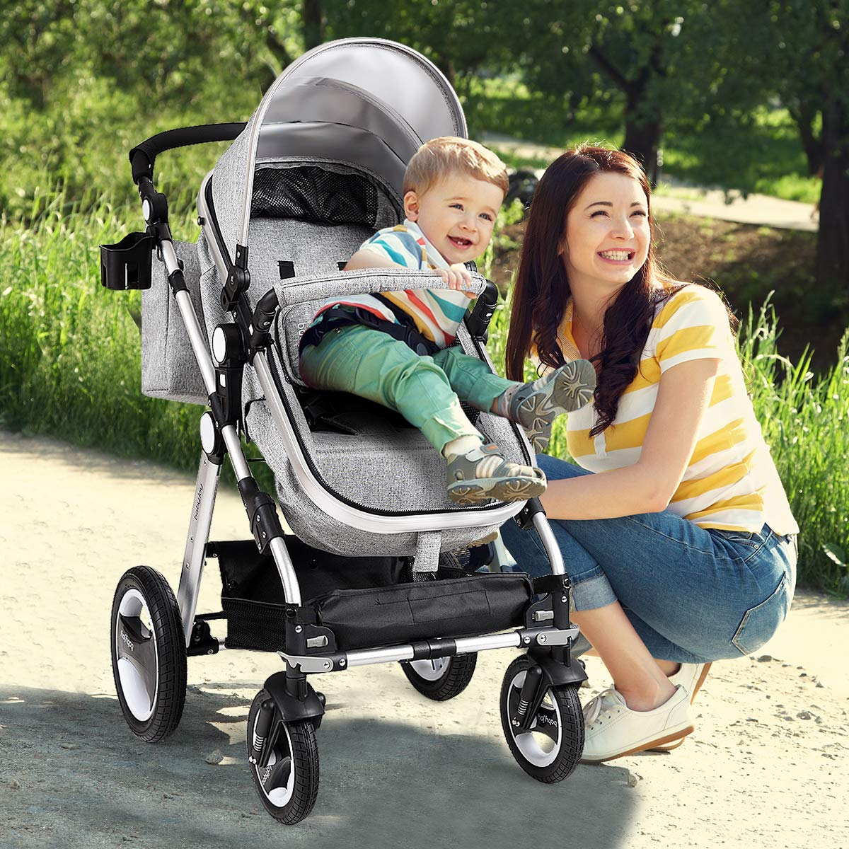 BABY JOY Baby Stroller 2 in 1 Convertible Bassinet Reclining Stroller Foldable Pram Carriage with 5 Point Harness