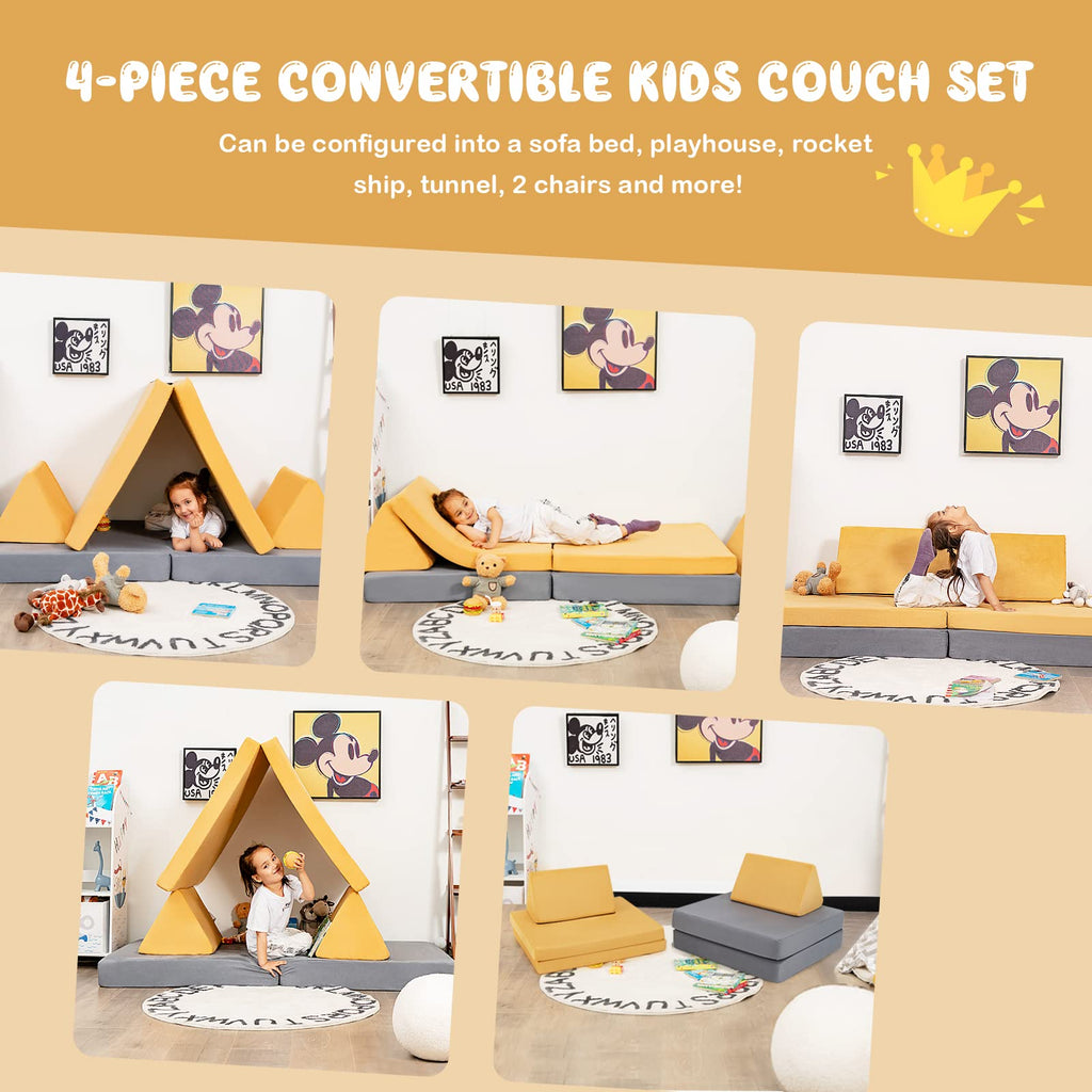 4-Piece Modular Sofa Playset, Folding Mats & 2 Triangular Pillows - Costzon