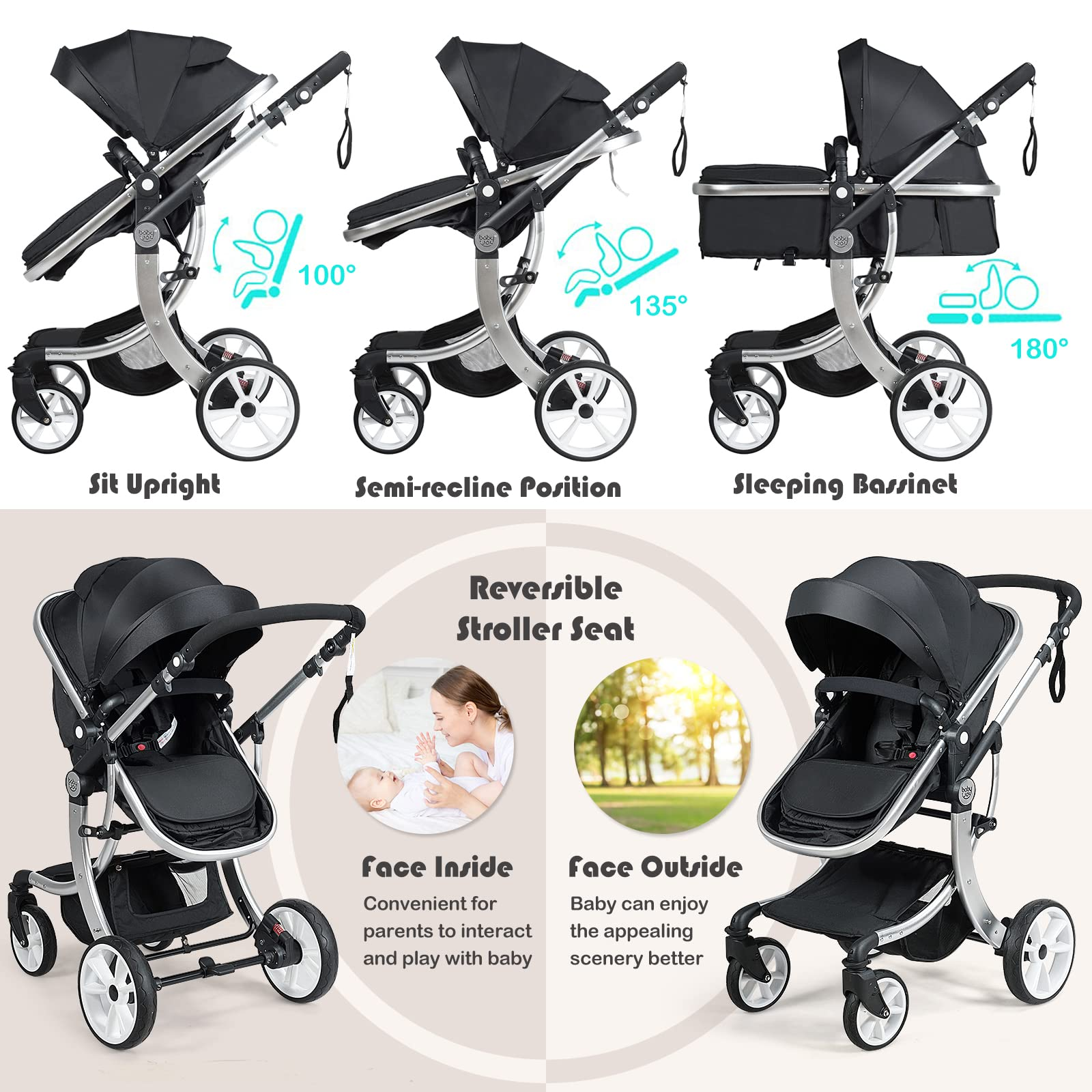 BABY JOY 2 in 1 High Landscape Baby Stroller Reversible Bassinet Recl costzon