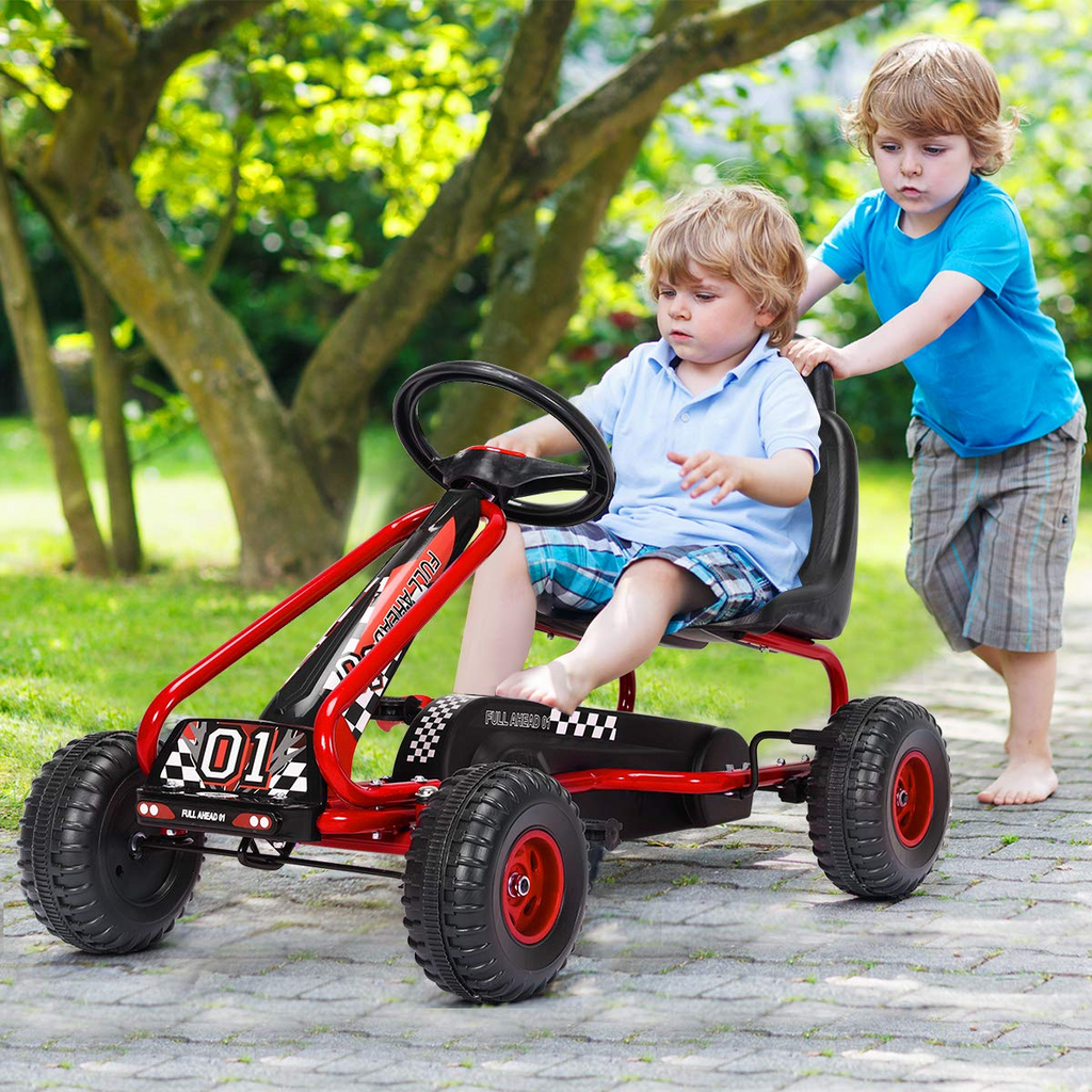 4 Wheel Pedal Powered Ride On Toys, Outdoor Racer Pedal Car with Adjustable Seat - Costzon