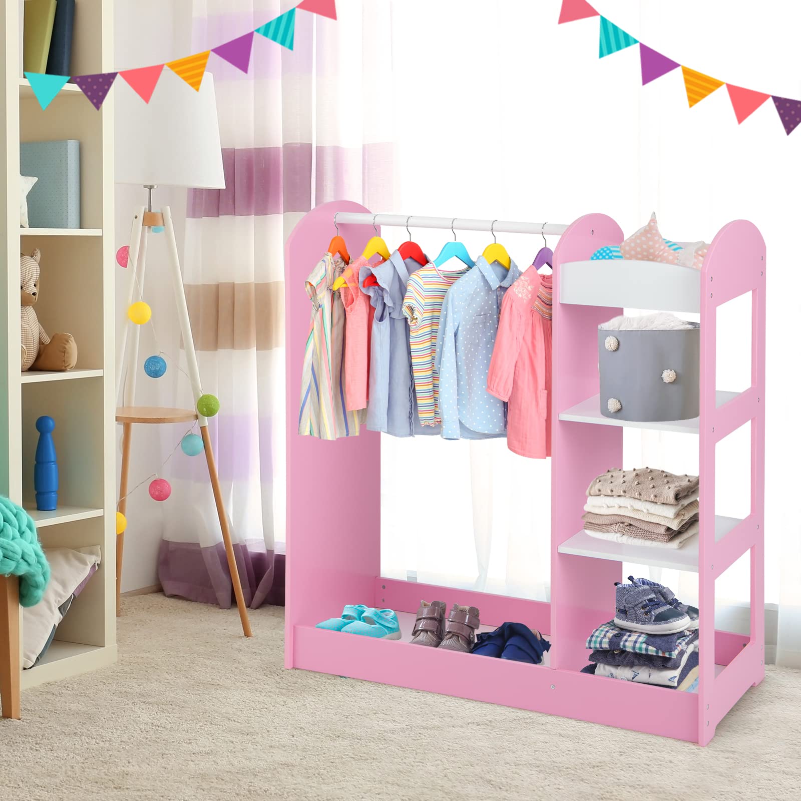 Costzon Kids Dress up Storage with Mirror Clothes Rack 3 Tier Shelve costzon