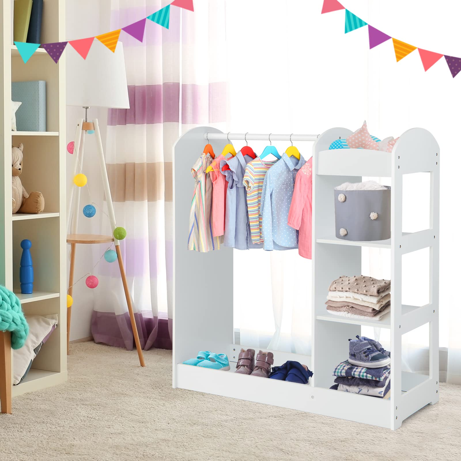 Costzon Kids Dress up Storage with Mirror Clothes Rack 3 Tier Shelve costzon