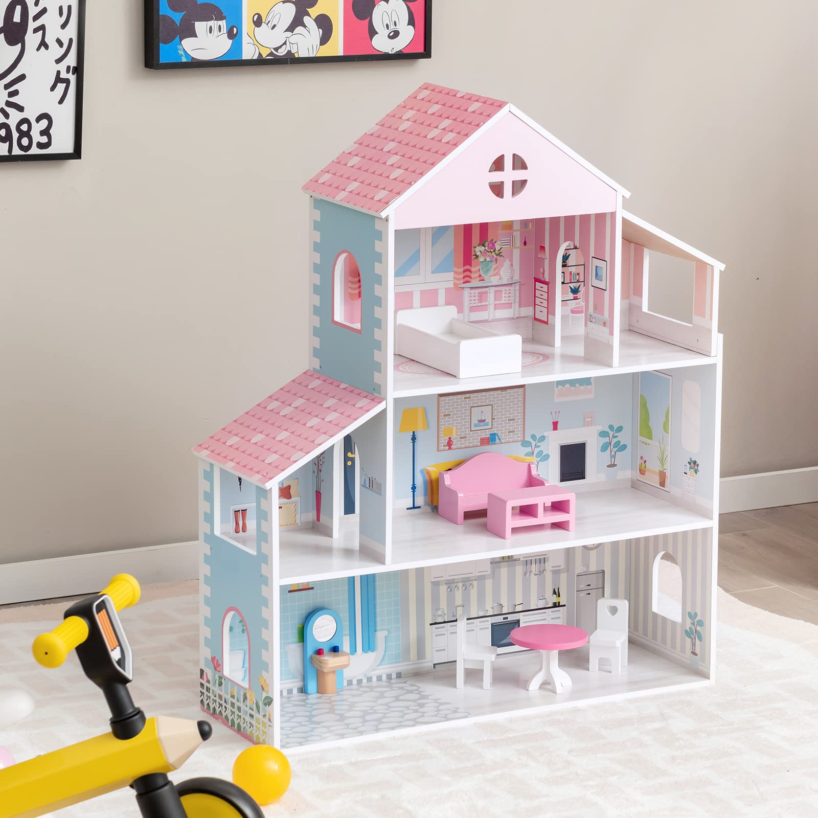 deAO Doll House Dollhouse - 3 Story 9 Rooms Pink DIY Pretend Play Building  Playset, Dollhouse Asseccories and Furniture,Gift for 6 7 8 9 Girls Toddler