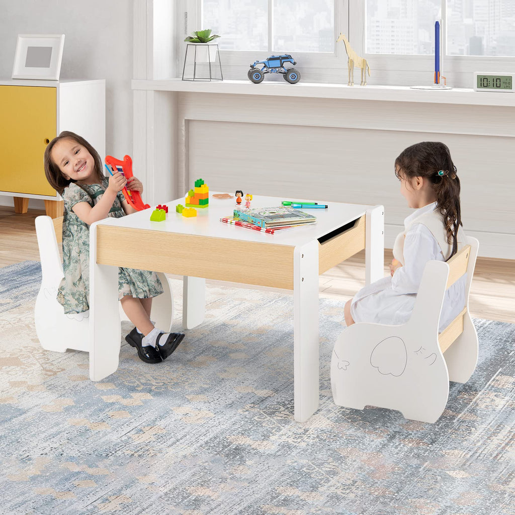  Kids Table and Chair Set, 4 in 1 Wooden Activity Table & 2 Chairs - Costzon