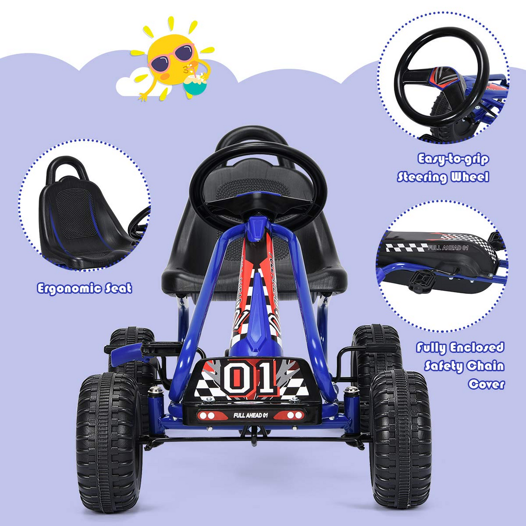 4 Wheel Pedal Powered Ride On Toys, Outdoor Racer Pedal Car with Adjustable Seat - Costzon