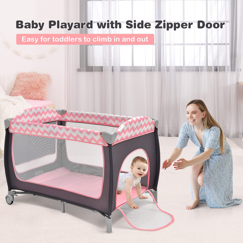 BABY JOY 4 in 1 Pack and Play, Pink - Costzon