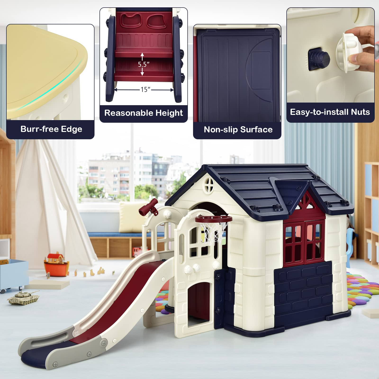 Costzon Kids Playhouse and Slide Set 7 in 1 Outdoor Cottage Pretend Playhouse with Working Doors and Windows Picnic Table Toy Set Tray