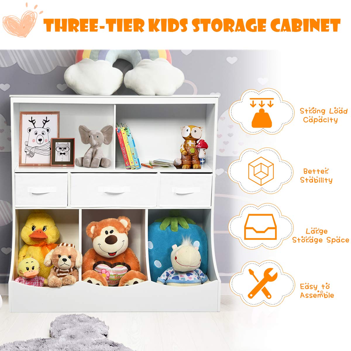 Giantex 3-Tier Kids Bookcase Toddler Storage Organizer Cabinet