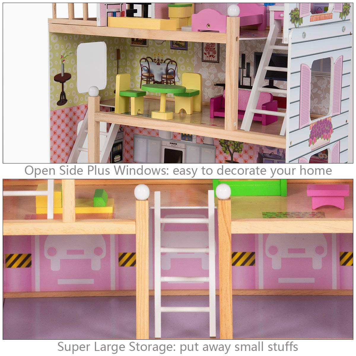 Costzon Dollhouse, Toy Family House with 13 pcs Furniture, Play