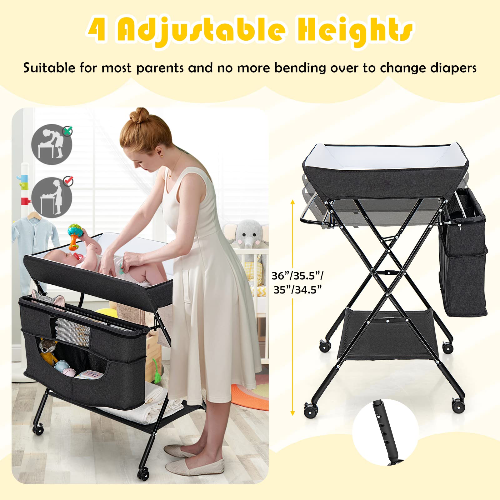 Changing Table Height Costzon Portable Baby Changing Table, Height Adjustable Mobile Nursery ...