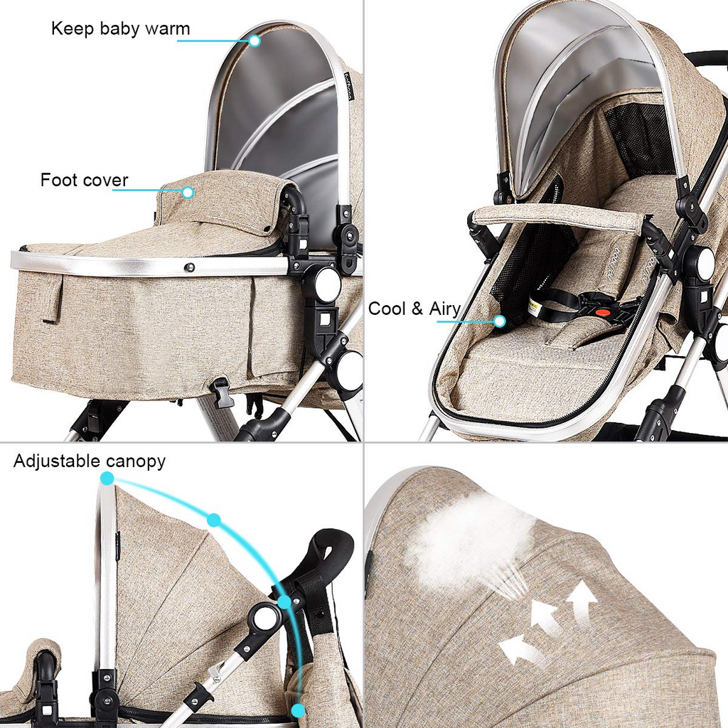 2-in-1 Convertible Bassinet Reclining Stroller , Beige - Costzon