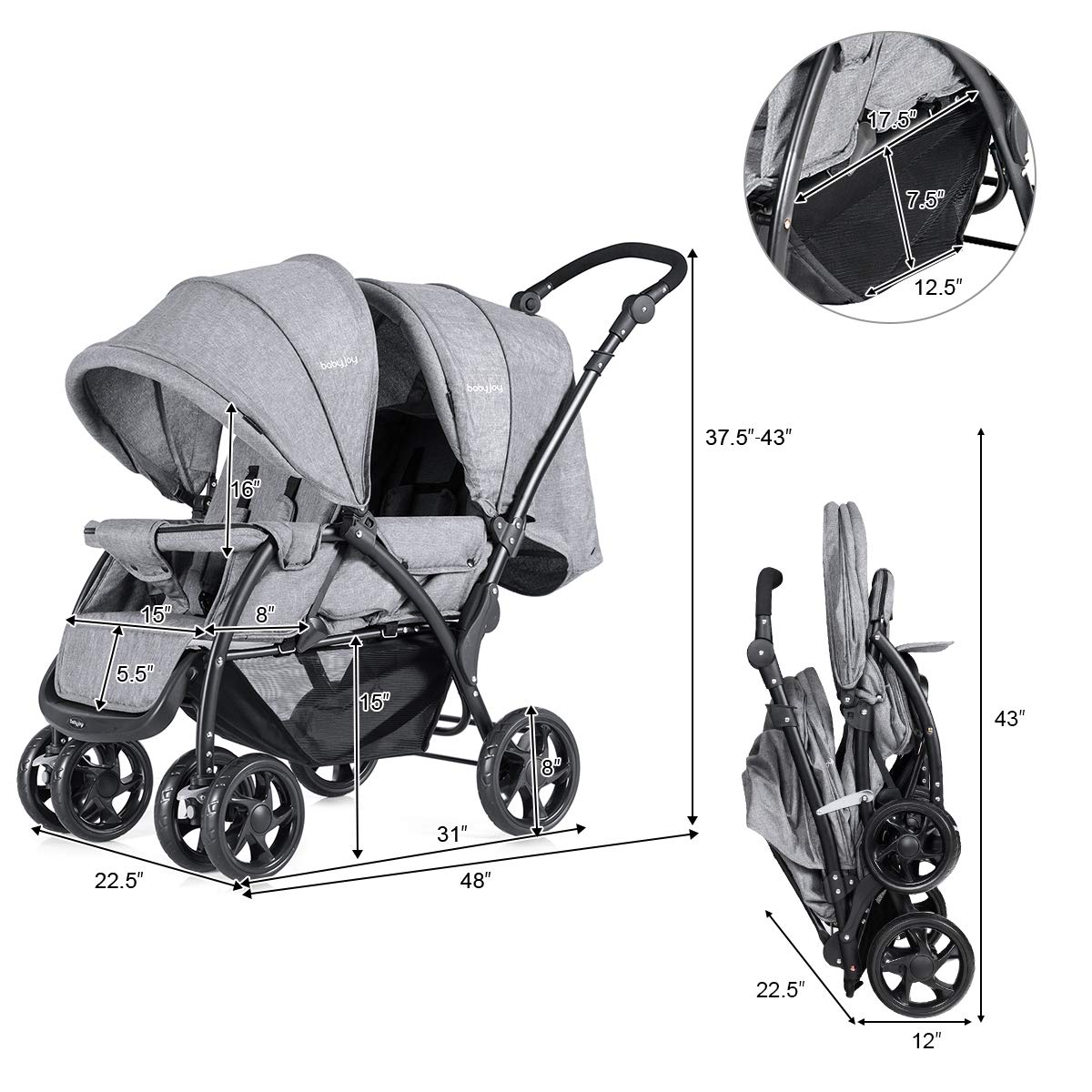 babyjoy double stroller BABY JOY Double Stroller, Foldable Lightweight Twin Stroller with Tandem Seating, Double Stroller Newborn and Toddler