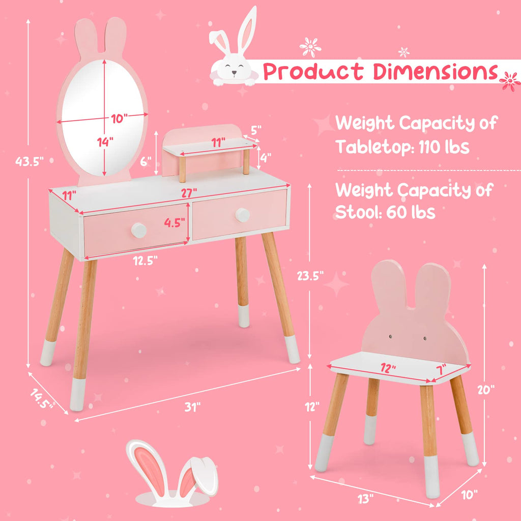 Kids Vanity Set, Girls Vanity Set with Mirror and Stool - Costzon
